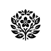 A symmetrical black and white floral emblem, featuring a stylized blossom at the center, surrounded by leaves, arranged within a circular form. vector