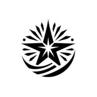 Black and white illustration of a stylized fivepointed star with radiating sharp elements, enclosed within an arc and dots, creating a modern on a clean white background. vector