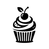 A minimalist black and white illustration of a cupcake with cherry on top, simple , isolated on a white background. vector