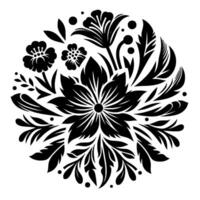 Ornate Black White Floral Mandala A symmetrical botanical featuring various flower types, leaves, and berries arranged in a circular pattern. vector