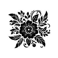 Black and white stylized floral arrangement with central bloom, leaves, berries, and swirling elements on a white background, reminiscent of folk art. vector
