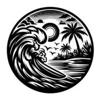 Black and white art of a crashing ocean wave with a surfboard, sun setting, and palm trees inside a circular frame. vector
