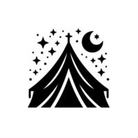 Minimalist Black and White Illustration of a Tent Under a Starry Night Sky with Crescent Moon, Symbolizing Camping, Dreams and Adventure. vector