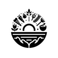 Organic Farms Emblem A Circular Monochrome with Harvest Bounty, Tools, Symbolism of Growth, Abundance, and Earth. vector