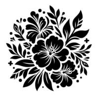 Elegant Black and White Floral A symmetrical arrangement of stylized flowers, leaves, and dots on a white backdrop, reminiscent of a decorative pattern. vector