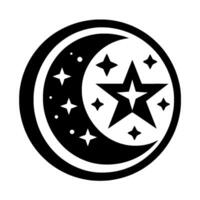 Black and White Celestial Illustration A Crescent Moon Enveloping Stars, with a large Star in the Center on a white Background. vector