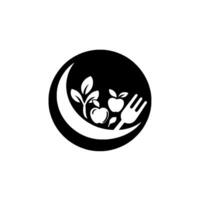 Monochromatic showcasing fresh fruit and greenery within a crescent moon shape, representing healthy eating with a fork. vector