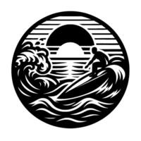 Silhouette of a Surfer Catching a Wave in a Circular Composition with a Striated Sunset and Ocean Elements. vector