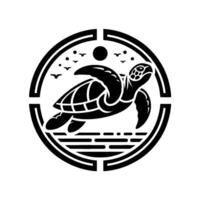 Stylized Black and White Turtle in a Circle with Sun and Birds, Simple . vector