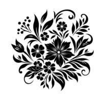 Elegant Black Floral Intricate Illustration of Blossoms, Leaves, and Berries Arranged in a Circular Pattern on a White Background. vector