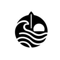 Abstract minimalist black and white of ocean wave, sun, and sail within a circular , suggesting travel and adventure. vector