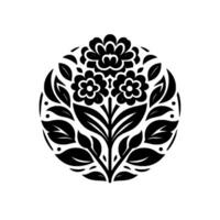 Circular Black and White Floral stylized flowers and leaves arranged in a symmetrical pattern, evoking vintage charm and simplicity. vector
