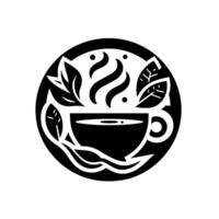 Stylized black and white of a steaming teacup surrounded by tea leaves, enclosed in a circular frame. vector