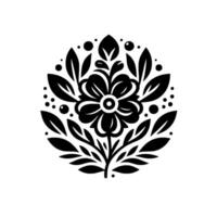 Black and white floral , symmetrical composition featuring a stylized flower surrounded by leaves, berries, and dots in a circular format on white background. vector