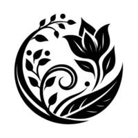 Intricate Black and White Floral Emblem Featuring a Central Flower, Foliage, Vines, and Berries, Enclosed in a Circular Frame. vector