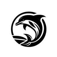 A stylized black and white featuring a dolphin leaping within a circular frame, exuding a sleek and modern aesthetic. vector