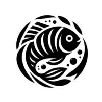Yin Yang styled black and white stylized fish illustration within a circular frame, featuring the silhouette of a smaller fish. vector