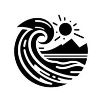 A minimalist circular emblem depicting a stylized crashing wave, ocean horizon, sun, and mountain range in stark black and white. vector