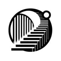 Geometric Black White Circle with Stairs, Vertical Lines, and Circular Detail. Abstract, Minimalist . vector