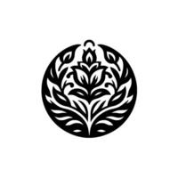 Intricate black floral medallion with symmetrical , leaves, and flower elements, enclosed in a circular frame, against a white backdrop. vector