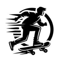 Dynamic Black and White Silhouette of Skateboarder in Action, Surrounded by Speed Lines and a Circular Element. vector