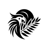 Stylized Black and White Parrot Head with Laurel Branch, Modern , Illustration on White Background. vector
