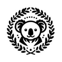 A symmetrical, minimalistic blackandwhite illustration of a charming koala bear encircled by a wreath of leaves, creating a serene emblem. vector