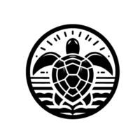Black and White Minimalist Emblem Turtle Silhouette in a Circle with Waves, Decorative Elements, and Artistic Composition. vector