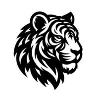 A bold, minimalist black and white illustration of a tigers head in profile, showcasing intricate line work and a striking silhouette. vector