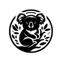 Black and White Koala Illustration in a Circle, Perched on Branches, . vector