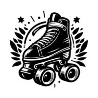 illustration of a retro roller skate in black and white, encircled by stylized laurel, stars, and elements. vector