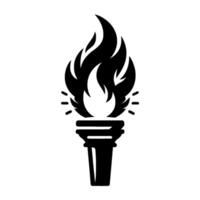 A stylized black and white illustration of a torch with flame and radiating light, symbolizing illumination and freedom. vector