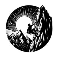 Silhouette of a climber scaling a rocky mountain under a sunlit night sky, encapsulated in a circular . vector