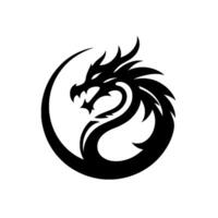 Bold Black Dragon Silhouette Encircling a Swirl, with Sharp Spikes, and Fangs Against a stark White Background, Symbolizing Power and Mystique. vector