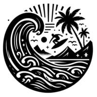 Surfer riding a towering wave within a circular black and white illustration, island scene, palm trees, birds, sun, mountains. vector
