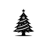Minimalist Black Christmas Tree Silhouette with Star Topper, Snowflake Ornaments, and a Subtle Shadow on White Backdrop vector