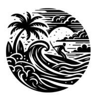 Surfer in Silhouette Riding a Wave, Palm Tree Birds Framing a Dramatic Sky in a Circular, Monochromatic . vector