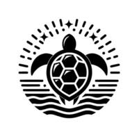 Stylized Black and White Turtle Illustration in a Circular Frame, with Sparkling Embellishments and Water Lines. vector