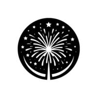 art circular emblem featuring a stylized black fireworks display with radiating lines, stars, and crescent base. vector