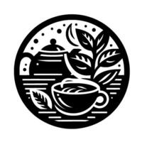 Silhouette of a Tea Set with Teapot, Cup, and Leaves, in a Circular Frame, Emphasizing Relaxation vector