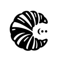 Whimsical monochromatic depiction of a croissantlike creature with simple facial features, set against a white backdrop. vector