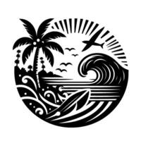 Black and white circular illustration of a tropical beach scene with palm trees, crashing wave, birds, airplane, and surfboard. vector