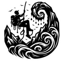 Silhouette of a climber ascending a cliff, surrounded by stylized mountains and ocean waves, birds in the sky, drops falling from the peak. vector