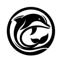 Stylized Black and White Dolphin in a Circular Frame with Streamlined for Branding. vector