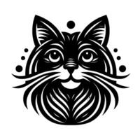 A Stylized Black and White Cat Face with Intricate Details, Whiskers, and Surrounding Dots on a White Background. vector