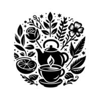 Intricate Black and White Circular Illustration Teapot, Cup, Floral and Citrus Elements Arranged in a Harmonious Composition. vector