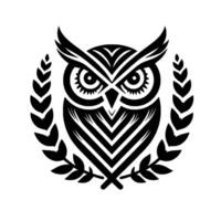 Majestic Black and White Owl Emblem with Detailed Feather Patterns and Laurel Wreath on a White Background. vector