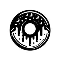 Bold Black and White Circular Donut with Drips, Dots, Crescent Shapes, and a Hole Centered on a White Background. vector