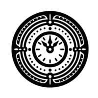 Intricate Black and White Circular Clock with Decorative Elements and Detailed Time Indicators on White Background. vector