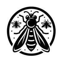 Bold Black and White Bee with Detailed Wings, Surrounded by Circle and Smaller Insects, Minimalist . vector